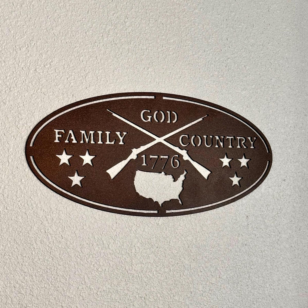 God Family Country Metal Sign | 1776 Patriotic Wall Art | Rustic Powder-Coated Metal Sign | Veteran Gift | Outdoor Farmhouse or Garage Decor