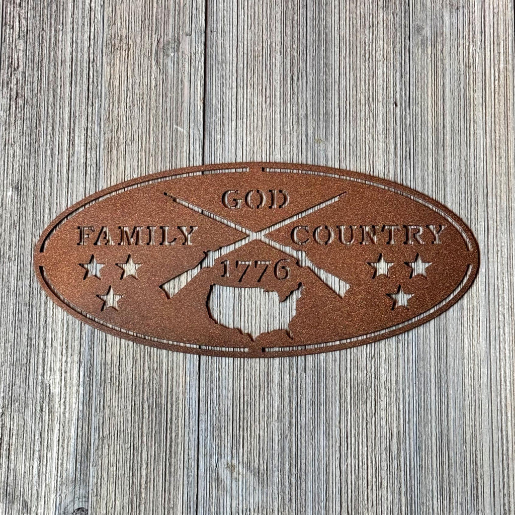 God Family Country Metal Sign | 1776 Patriotic Wall Art | Rustic Powder-Coated Metal Sign | Veteran Gift | Outdoor Farmhouse or Garage Decor