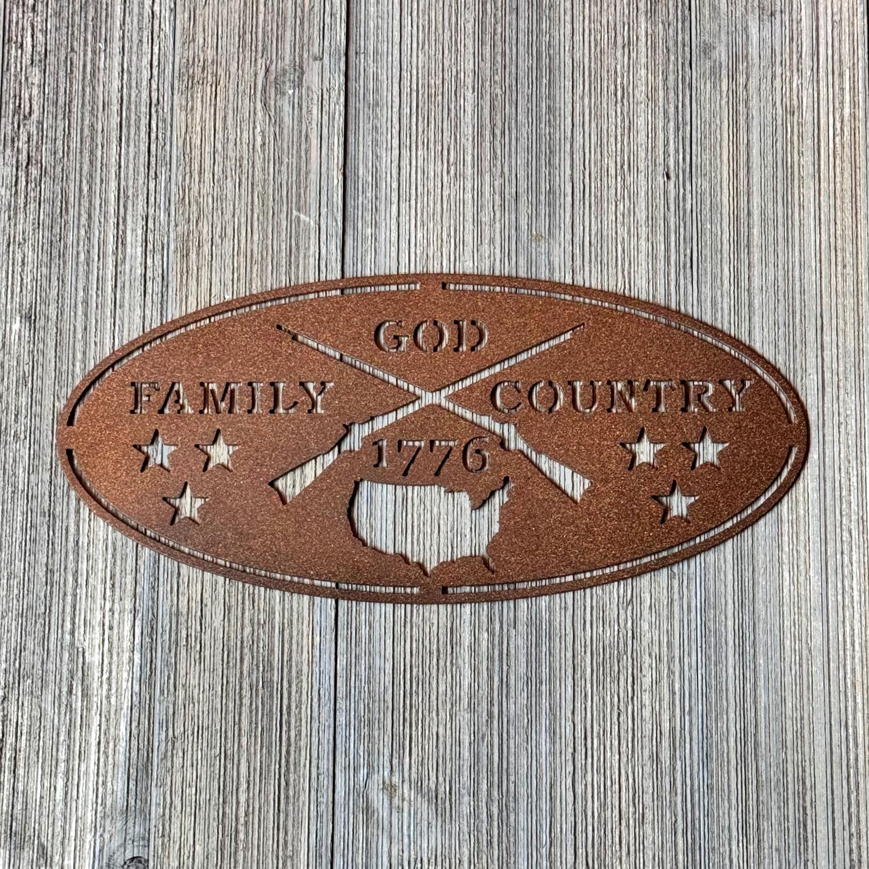God Family Country Metal Sign | 1776 Patriotic Wall Art | Rustic Powder-Coated Metal Sign | Veteran Gift | Outdoor Farmhouse or Garage Decor