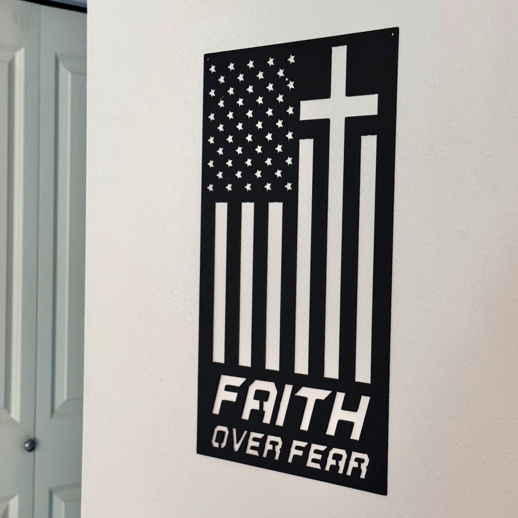 Faith Over Fear Metal Sign | Christian Wall Decor | Cross Flag Metal Art | Religious Home or Outdoor Sign
