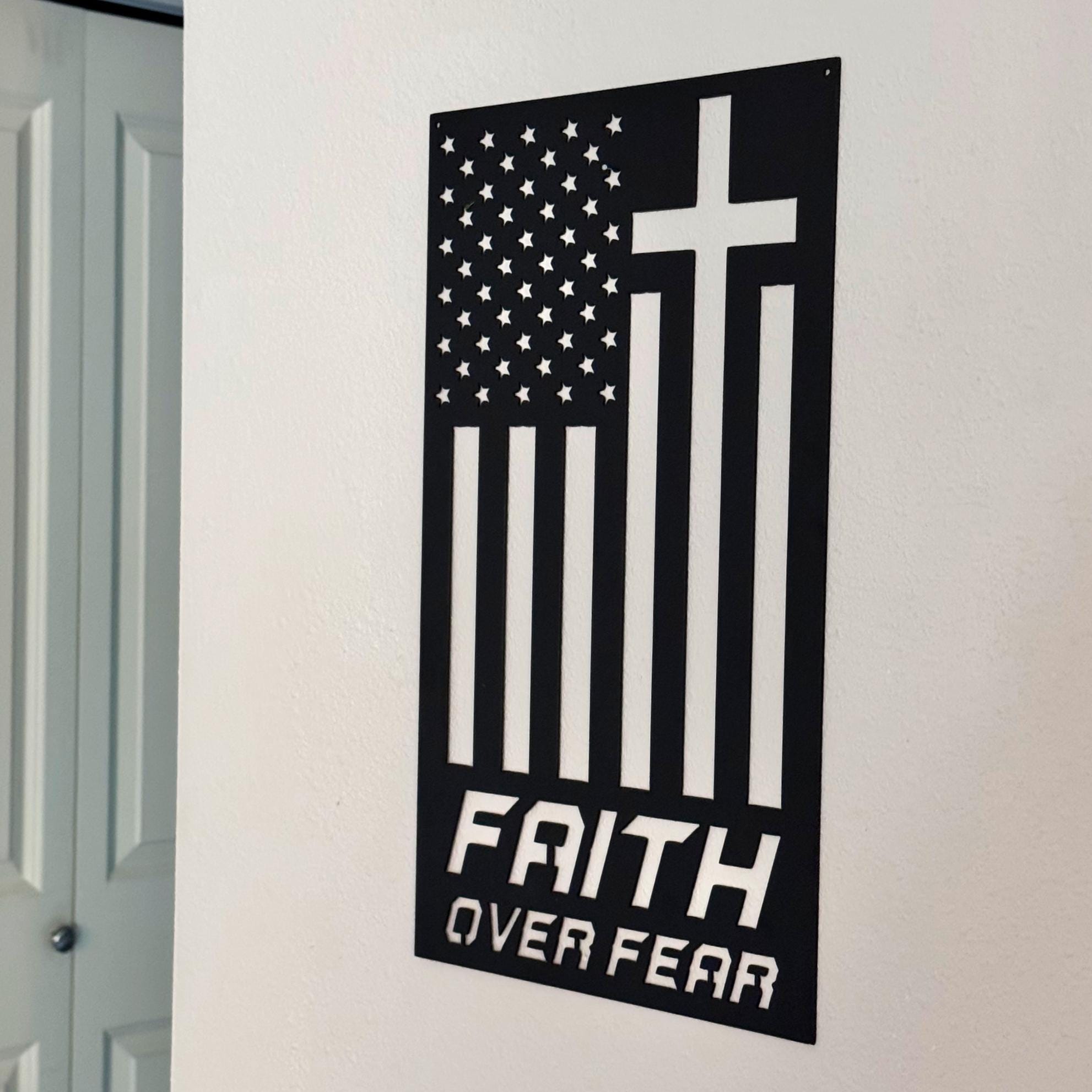 Faith Over Fear Metal Sign | Christian Wall Decor | Cross Flag Metal Art | Religious Home or Outdoor Sign