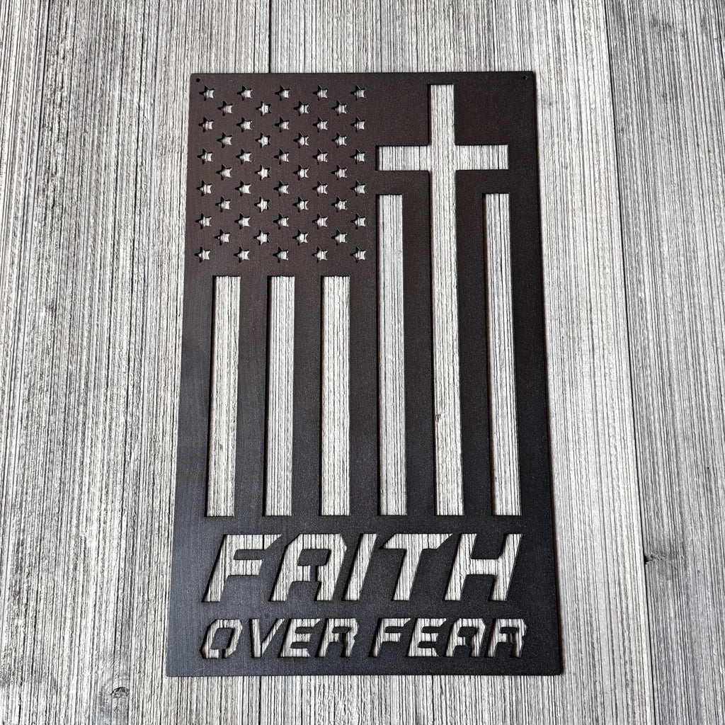 Faith Over Fear Metal Sign | Christian Wall Decor | Cross Flag Metal Art | Religious Home or Outdoor Sign