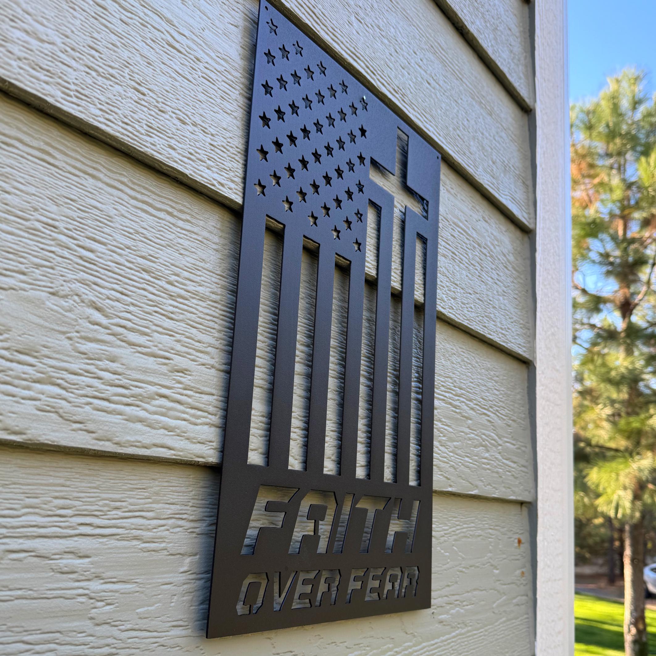 Faith Over Fear Metal Sign | Christian Wall Decor | Cross Flag Metal Art | Religious Home or Outdoor Sign