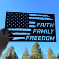 Faith Family Freedom Metal Sign | American Flag Wall Art | Patriotic Christian Decor | Rustic Home or Outdoor Metal Artwork