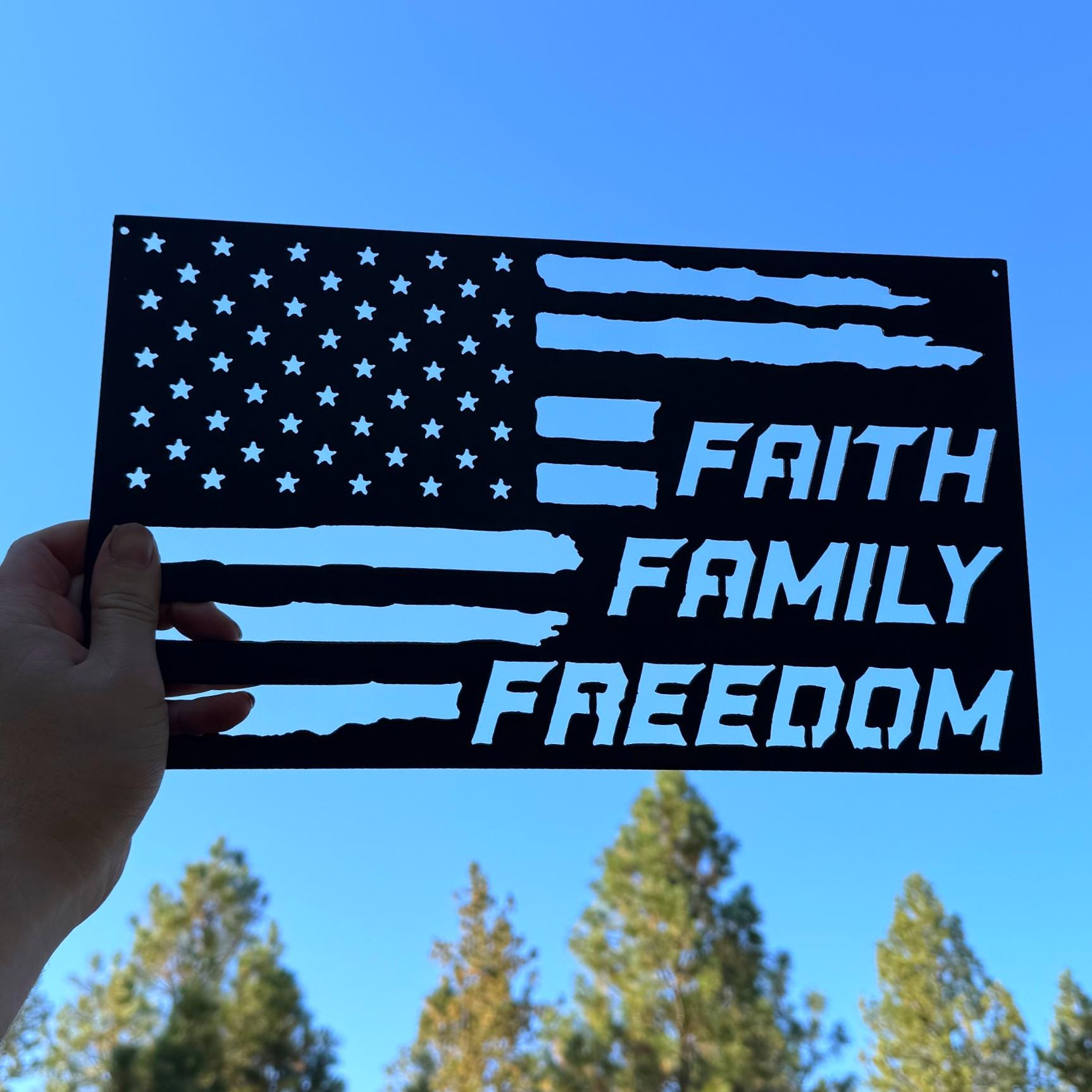 Faith Family Freedom Metal Sign | American Flag Wall Art | Patriotic Christian Decor | Rustic Home or Outdoor Metal Artwork
