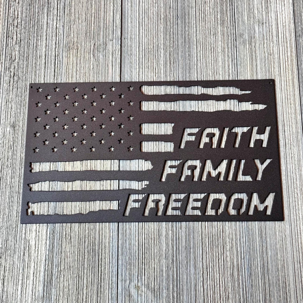 Faith Family Freedom Metal Sign | American Flag Wall Art | Patriotic Christian Decor | Rustic Home or Outdoor Metal Artwork