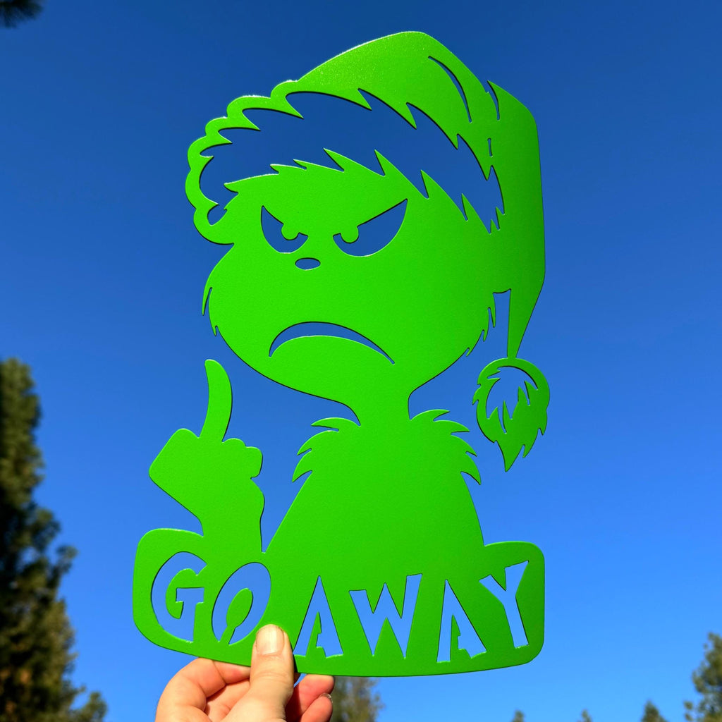 Mean Green Christmas Metal Sign | Funny Holiday Wall Art | Go Away Metal Decor | Grumpy Festive Home Sign