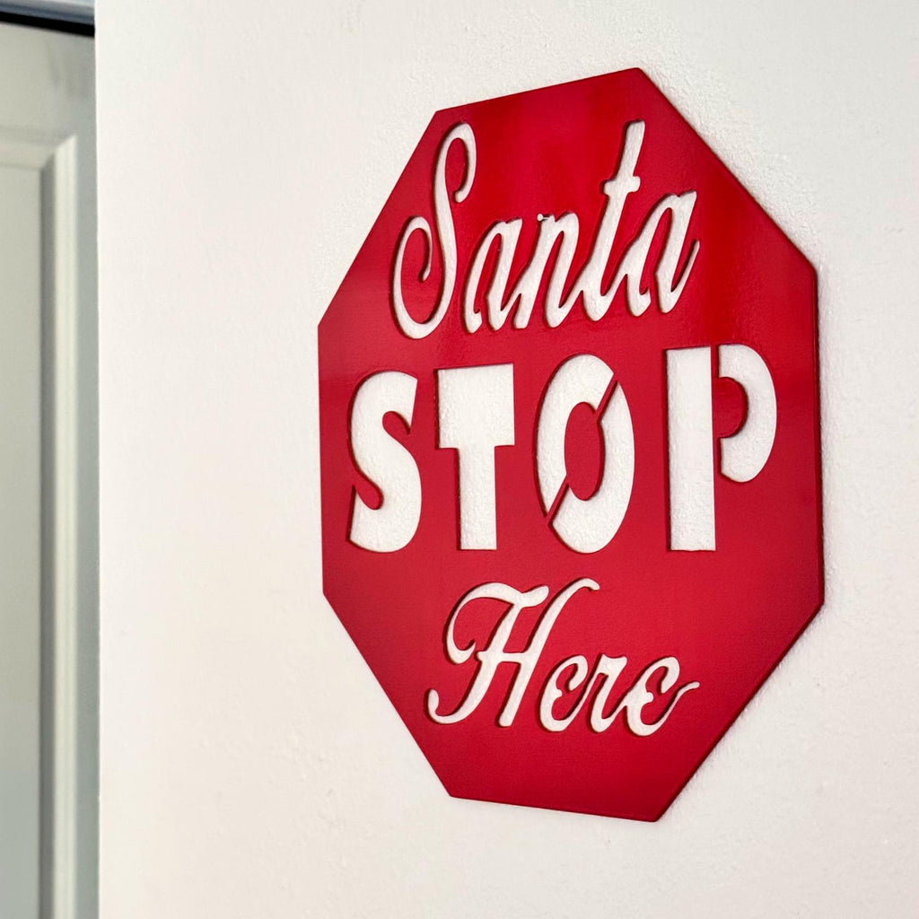 Santa Stop Here Metal Sign | Christmas Wall Decor | Red Holiday Door Sign | Festive Outdoor Metal Artwork