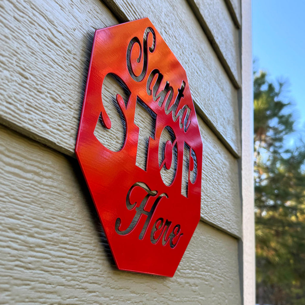 Santa Stop Here Metal Sign | Christmas Wall Decor | Red Holiday Door Sign | Festive Outdoor Metal Artwork