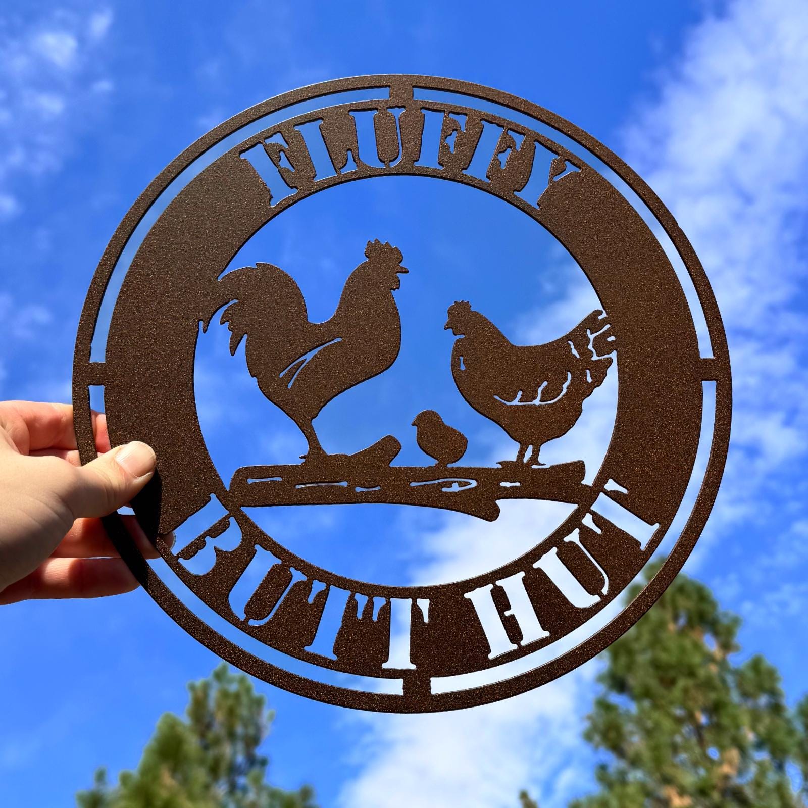 Fluffy Butt Hut Chicken Metal Sign | Farmhouse Chicken Decor | Rural Home Wall Art | Country Metal Rooster Piece | Chicken Coop Sign