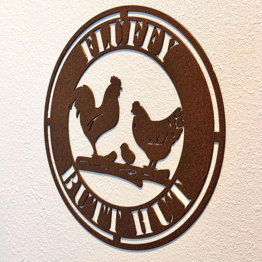 Fluffy Butt Hut Chicken Metal Sign | Farmhouse Chicken Decor | Rural Home Wall Art | Country Metal Rooster Piece | Chicken Coop Sign