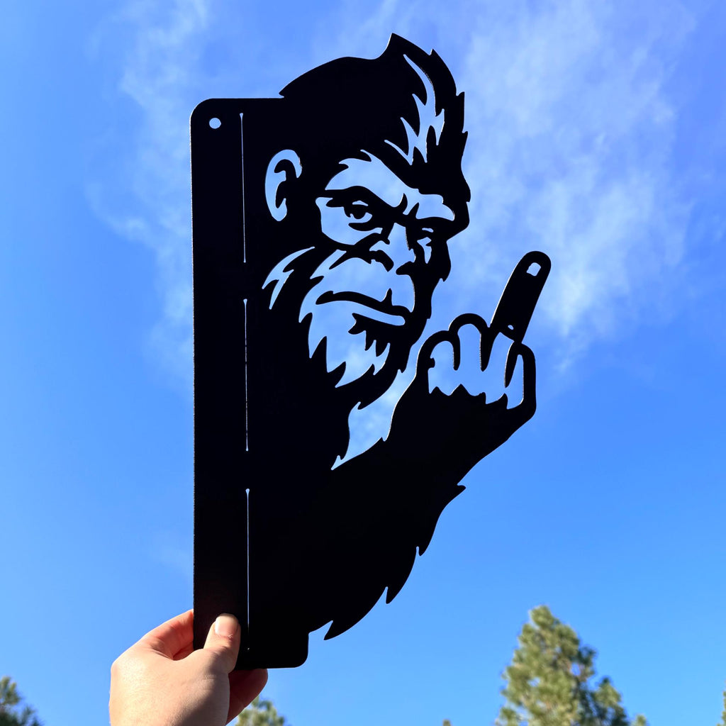 Peeking Bigfoot Metal Silhouette with Middle Finger | Funny Sasquatch Yard Art | Outdoor Cabin and Forest Decor | Bigfoot Bird | Peek a Boo