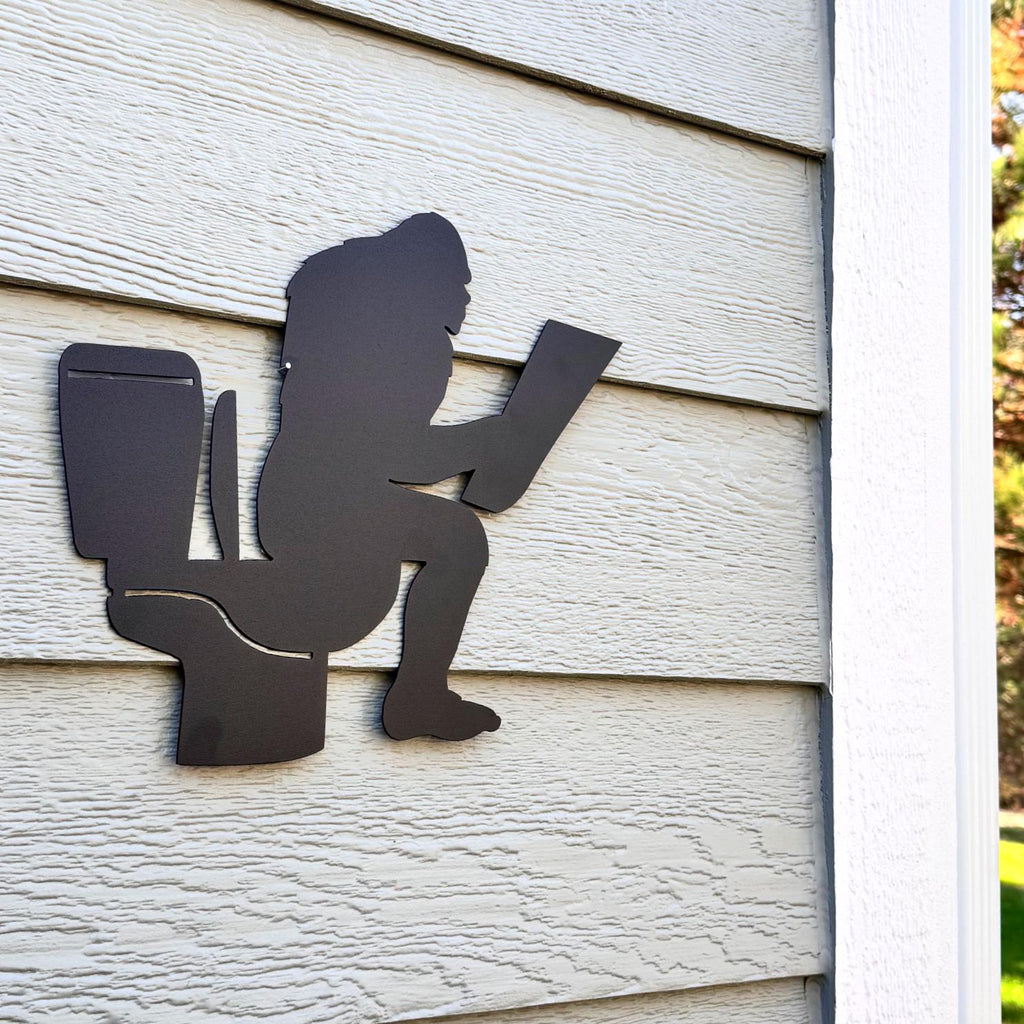 Funny Bigfoot on Toilet Metal Silhouette Wall Art | Sasquatch Reading Bathroom Decor | Rustic Cabin Humor Gift |Outdoor or Indoor Metal Sign
