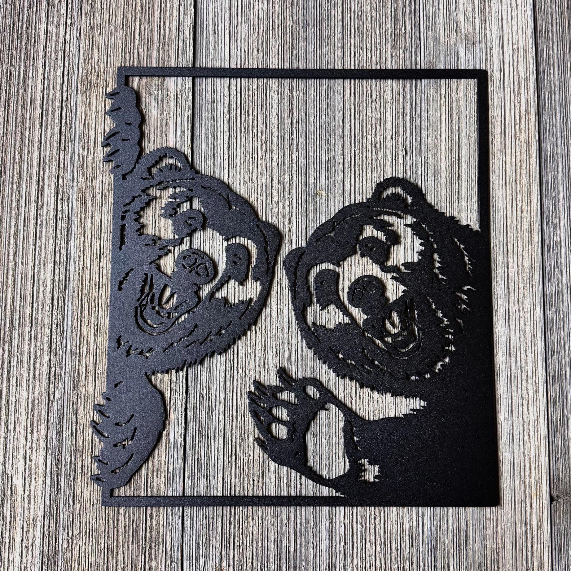 Peeking Bears Metal Wall Art | Double Bear Silhouette Sign | Rustic Cabin and Forest Decor | Outdoor Wildlife Metal Artwork Gift