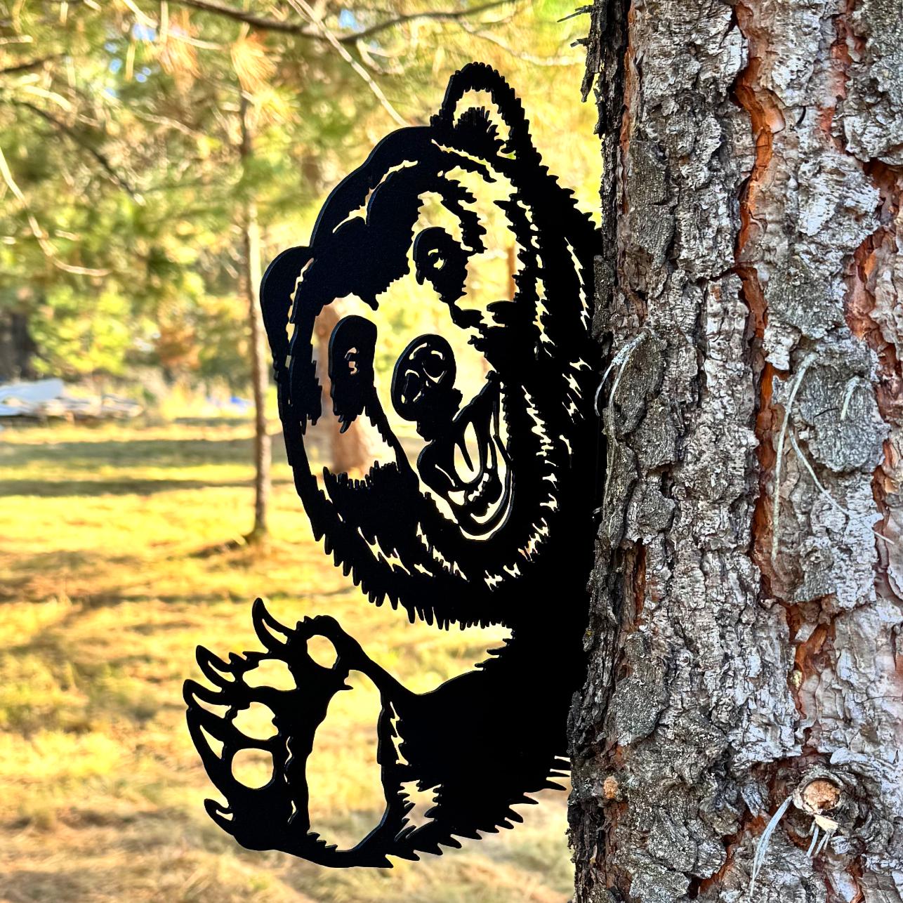 Peeking Bear Waving Metal Silhouette for Tree or Post | Wildlife Art | Rustic Cabin and Forest Metal Decor | Funny Bear Sign | Peek a Boo