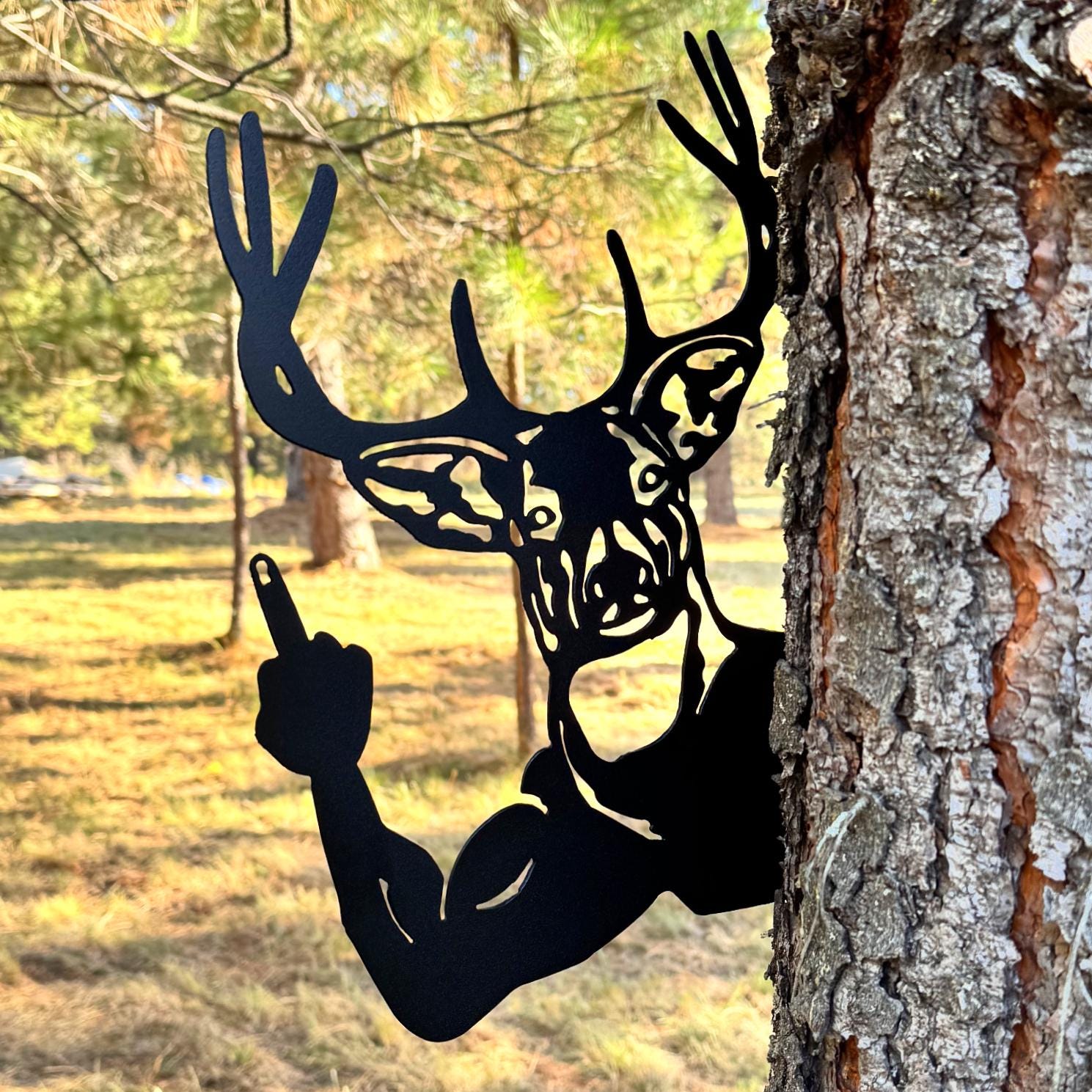 Peeking Deer Metal Silhouette with Middle Finger | Funny Buck Yard Art | Rustic Hunting Cabin and Forest Metal Decor | Deer Giving The Bird