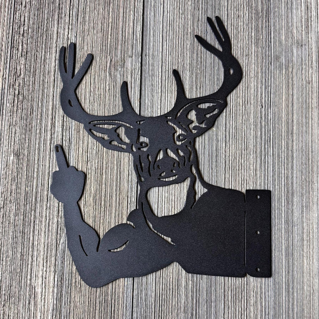 Peeking Deer Metal Silhouette with Middle Finger | Funny Buck Yard Art | Rustic Hunting Cabin and Forest Metal Decor | Deer Giving The Bird