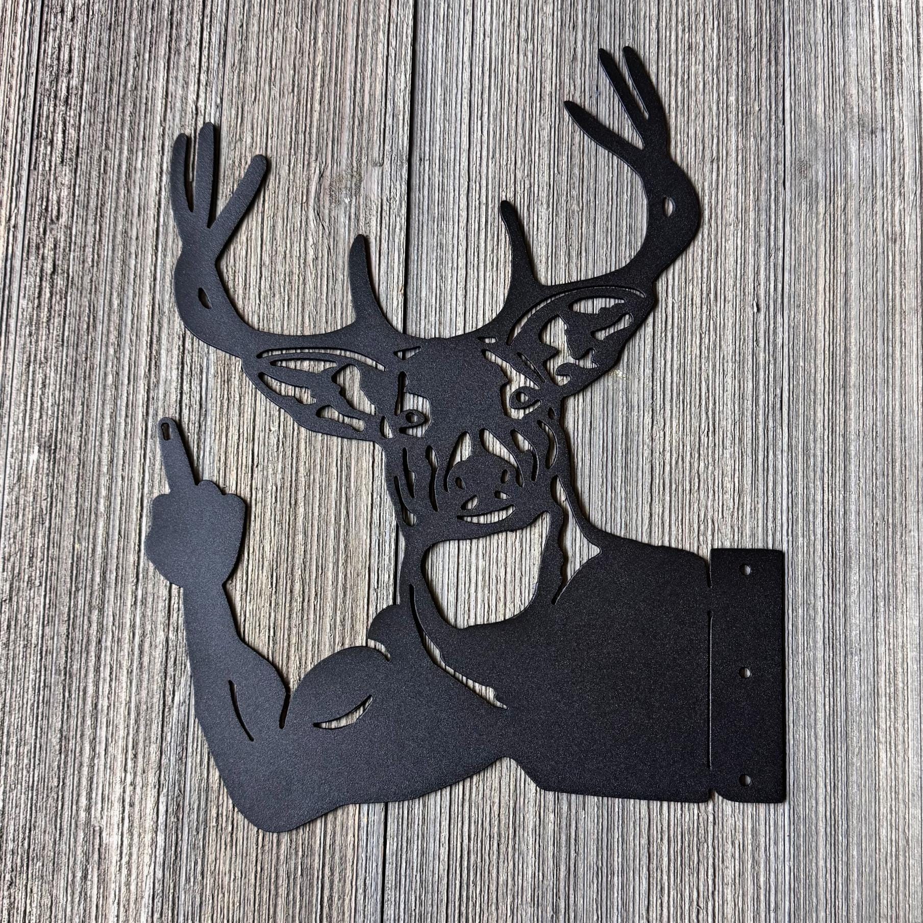 Peeking Deer Metal Silhouette with Middle Finger | Funny Buck Yard Art | Rustic Hunting Cabin and Forest Metal Decor | Deer Giving The Bird