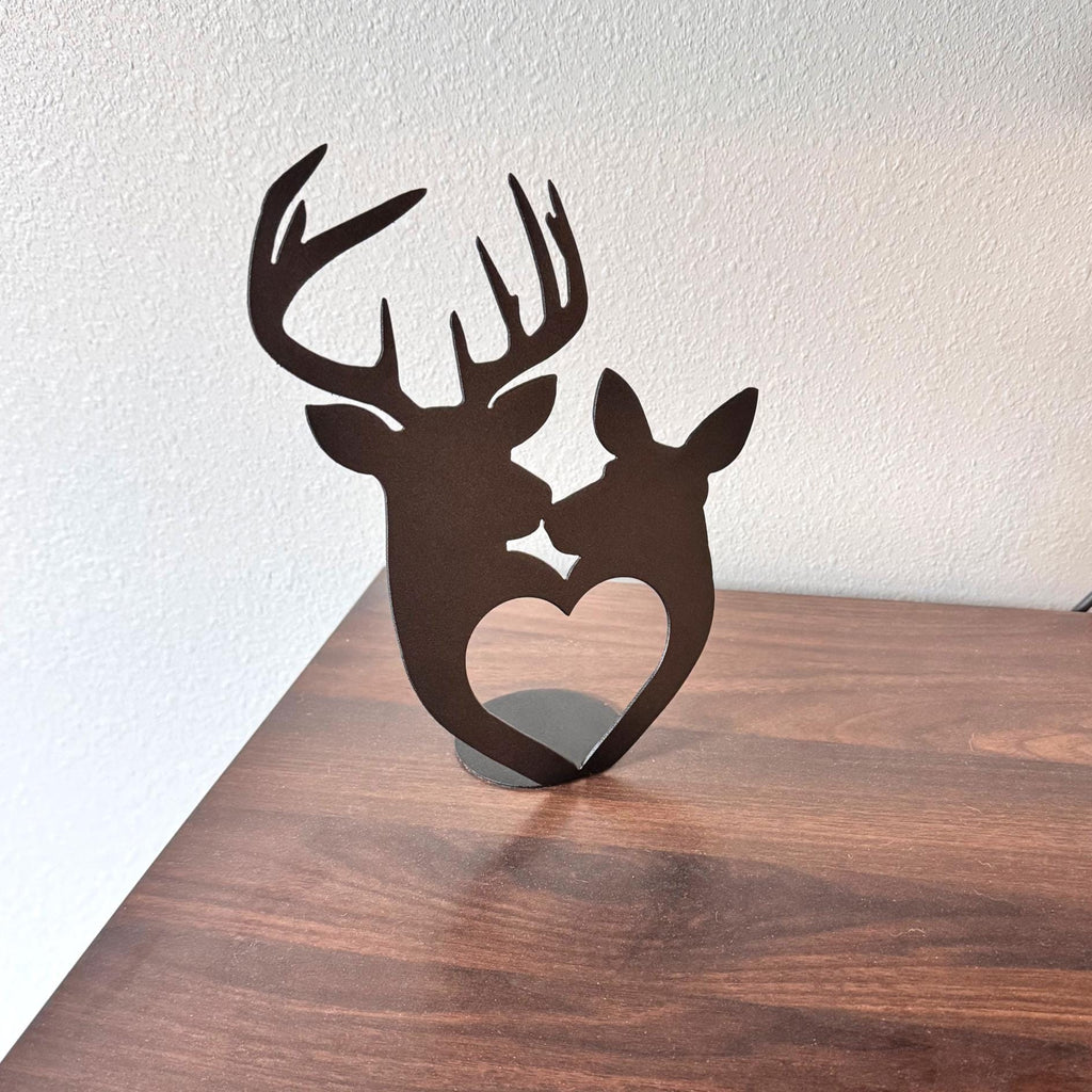 Deer Couple Heart Metal Art | Rustic Buck and Doe Decor | Cabin and Farmhouse Table Ornament | Romantic Wildlife Gift | Wedding Decor