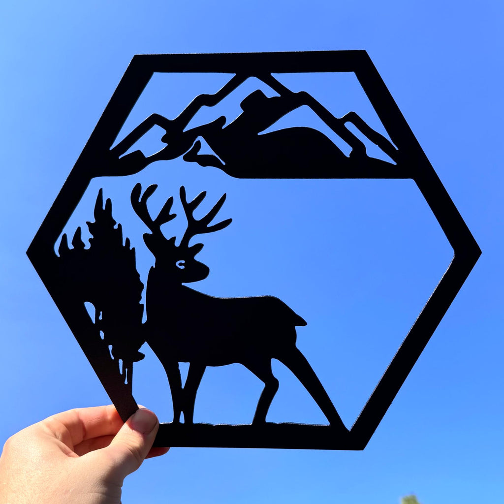 Mountain Wildlife Metal Wall Art Set – Bear, Wolf, Elk, and Deer Silhouettes | Rustic Cabin Decor, Hexagon Wall Panels, Nature Home Art