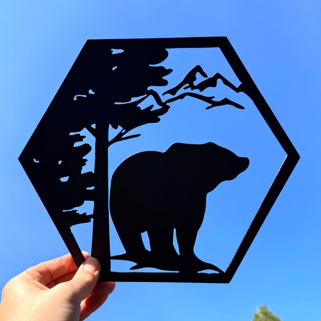 Mountain Wildlife Metal Wall Art Set – Bear, Wolf, Elk, and Deer Silhouettes | Rustic Cabin Decor, Hexagon Wall Panels, Nature Home Art