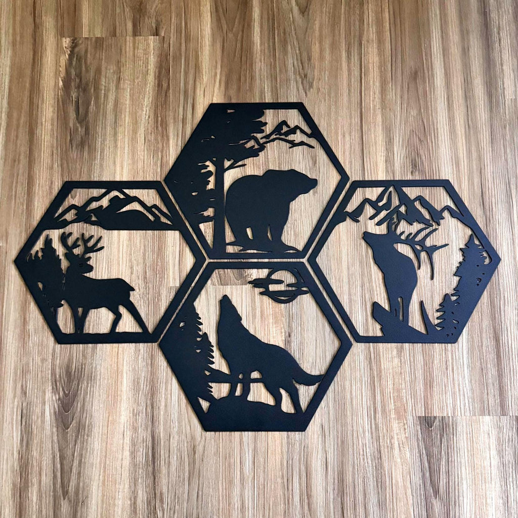 Mountain Wildlife Metal Wall Art Set – Bear, Wolf, Elk, and Deer Silhouettes | Rustic Cabin Decor, Hexagon Wall Panels, Nature Home Art