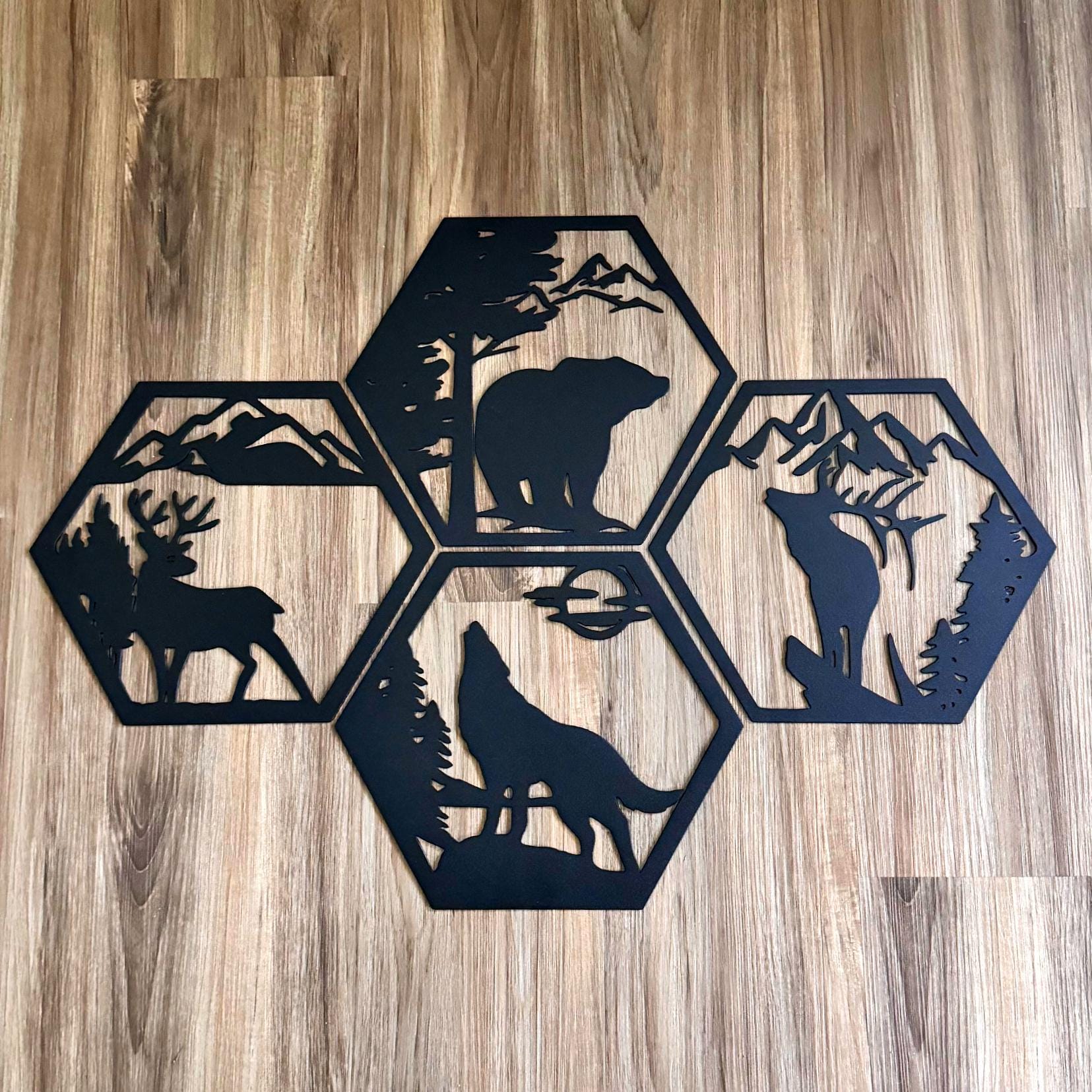 Mountain Wildlife Metal Wall Art Set – Bear, Wolf, Elk, and Deer Silhouettes | Rustic Cabin Decor, Hexagon Wall Panels, Nature Home Art