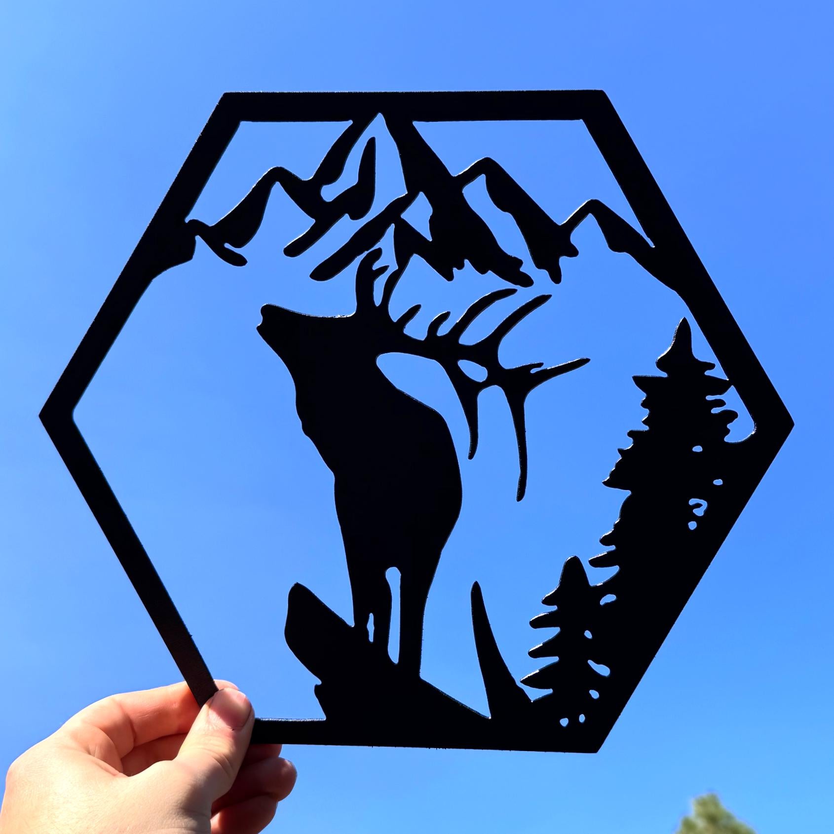 Mountain Wildlife Metal Wall Art Set – Bear, Wolf, Elk, and Deer Silhouettes | Rustic Cabin Decor, Hexagon Wall Panels, Nature Home Art