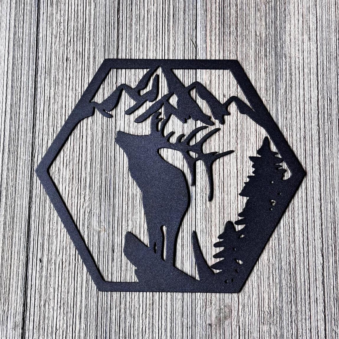 Mountain Wildlife Metal Wall Art Set – Bear, Wolf, Elk, and Deer Silhouettes | Rustic Cabin Decor, Hexagon Wall Panels, Nature Home Art