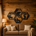 Mountain Wildlife Metal Wall Art Set – Bear, Wolf, Elk, and Deer Silhouettes | Rustic Cabin Decor, Hexagon Wall Panels, Nature Home Art
