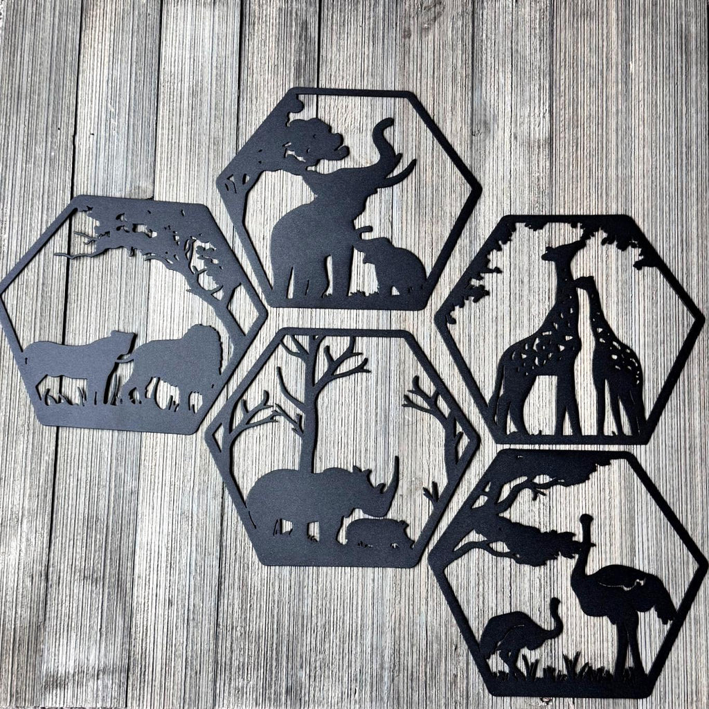 African Safari Metal Wall Art Set – Elephant, Lion, Rhino, Giraffe, and Ostrich Panels | Wildlife Home Decor, Hexagon Wall Art