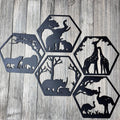 African Safari Metal Wall Art Set – Elephant, Lion, Rhino, Giraffe, and Ostrich Panels | Wildlife Home Decor, Hexagon Wall Art