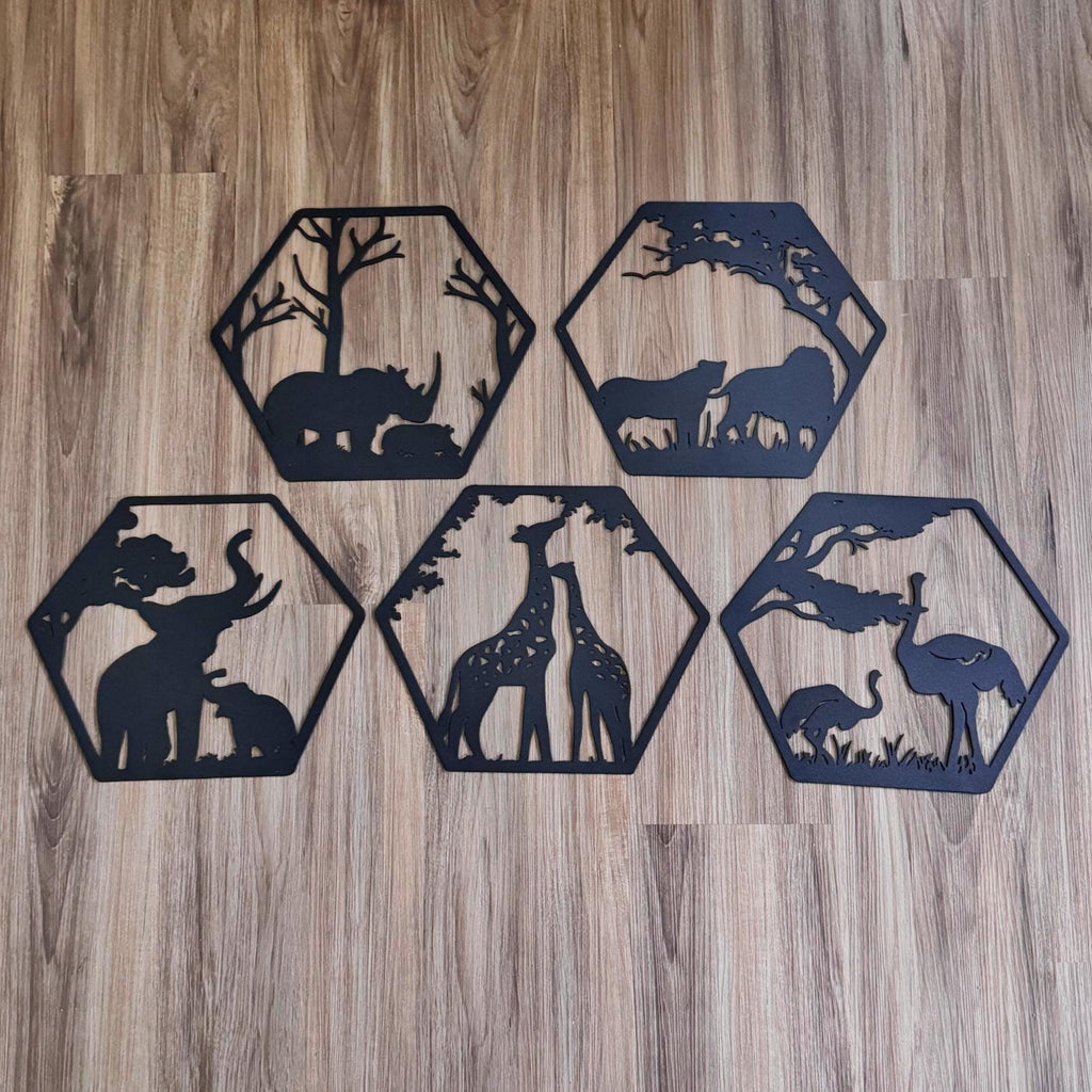 African Safari Metal Wall Art Set – Elephant, Lion, Rhino, Giraffe, and Ostrich Panels | Wildlife Home Decor, Hexagon Wall Art