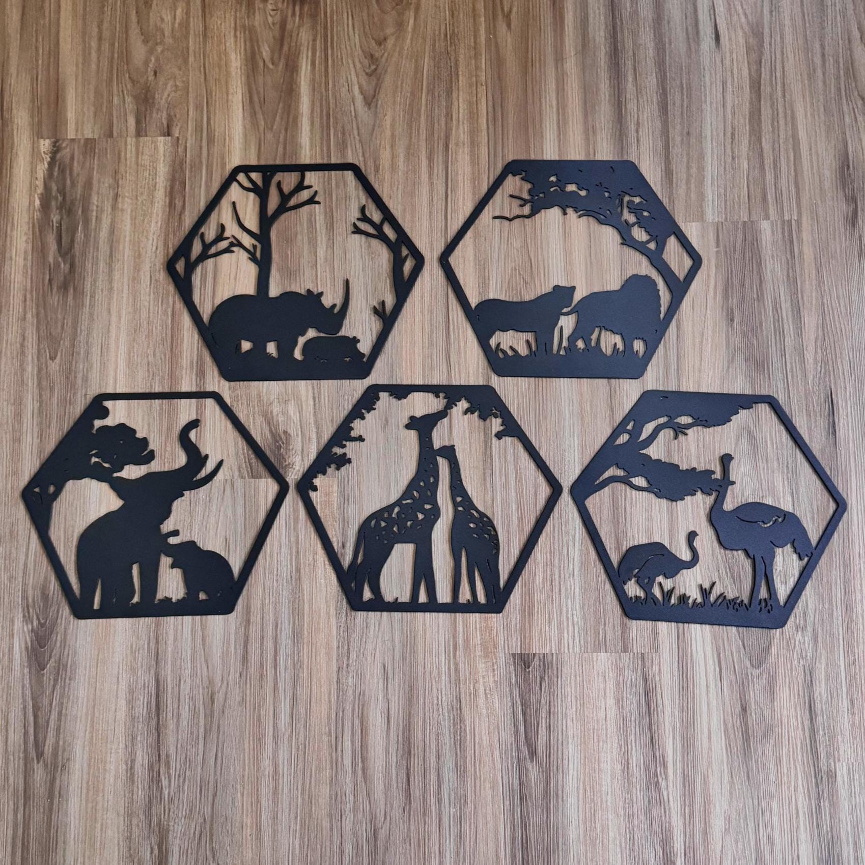 African Safari Metal Wall Art Set – Elephant, Lion, Rhino, Giraffe, and Ostrich Panels | Wildlife Home Decor, Hexagon Wall Art