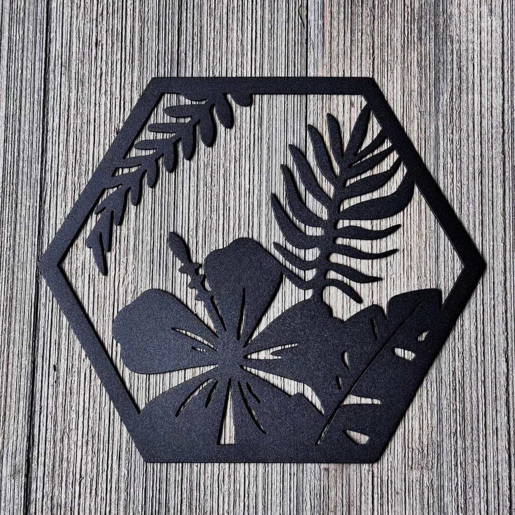 Tropical Leaf Metal Wall Art Set – Modern Botanical Decor | Hexagon Jungle Wall Panels, Matte Black Steel Wall Art for Living Room or Office