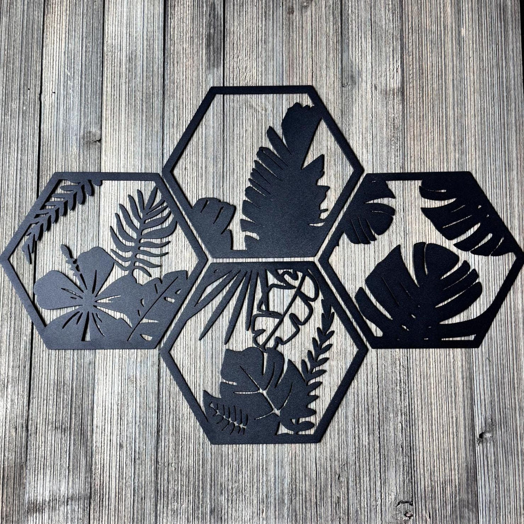 Tropical Leaf Metal Wall Art Set – Modern Botanical Decor | Hexagon Jungle Wall Panels, Matte Black Steel Wall Art for Living Room or Office