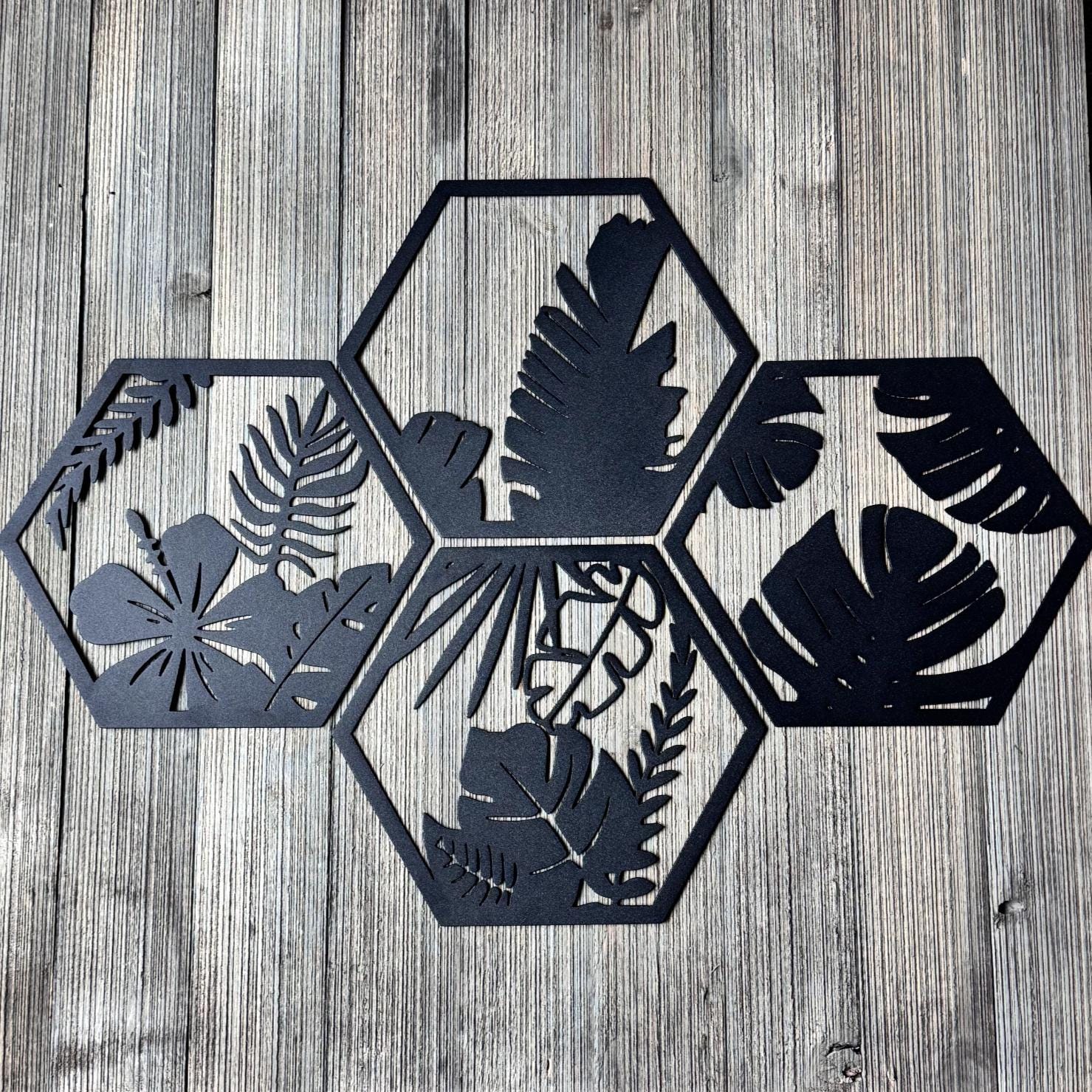Tropical Leaf Metal Wall Art Set – Modern Botanical Decor | Hexagon Jungle Wall Panels, Matte Black Steel Wall Art for Living Room or Office