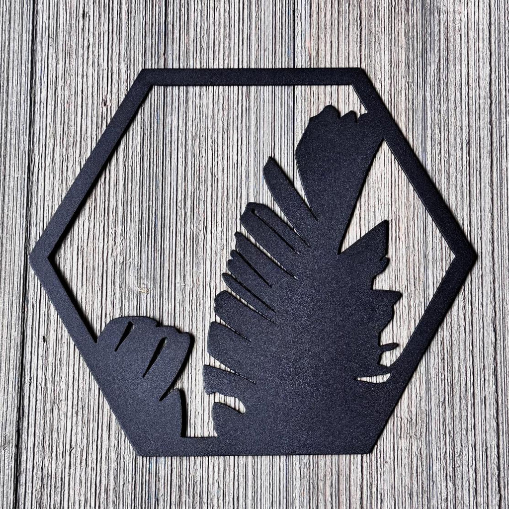 Tropical Leaf Metal Wall Art Set – Modern Botanical Decor | Hexagon Jungle Wall Panels, Matte Black Steel Wall Art for Living Room or Office