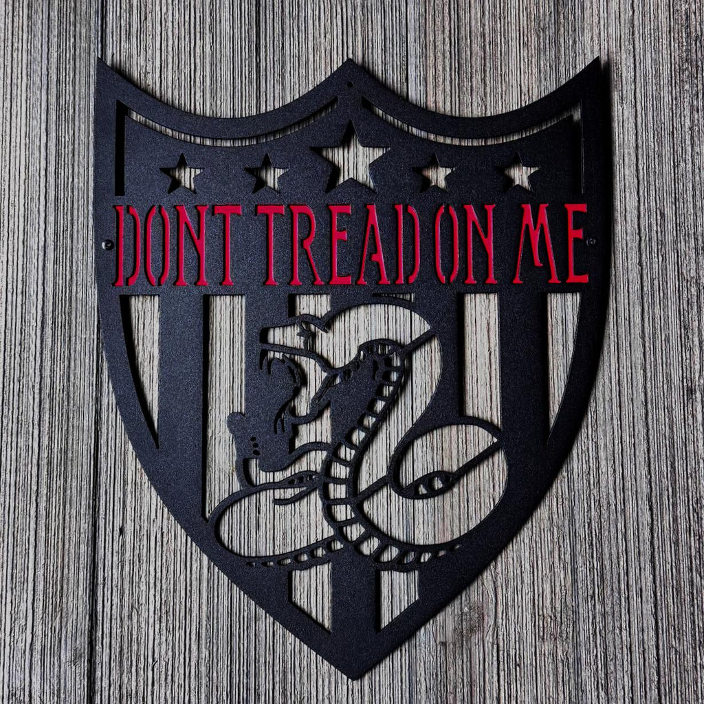 Don’t Tread On Me Metal Sign – Gadsden Flag Wall Art | Patriotic Shield Design for Garage, Shop, or Man Cave | American Steel Wall Decor