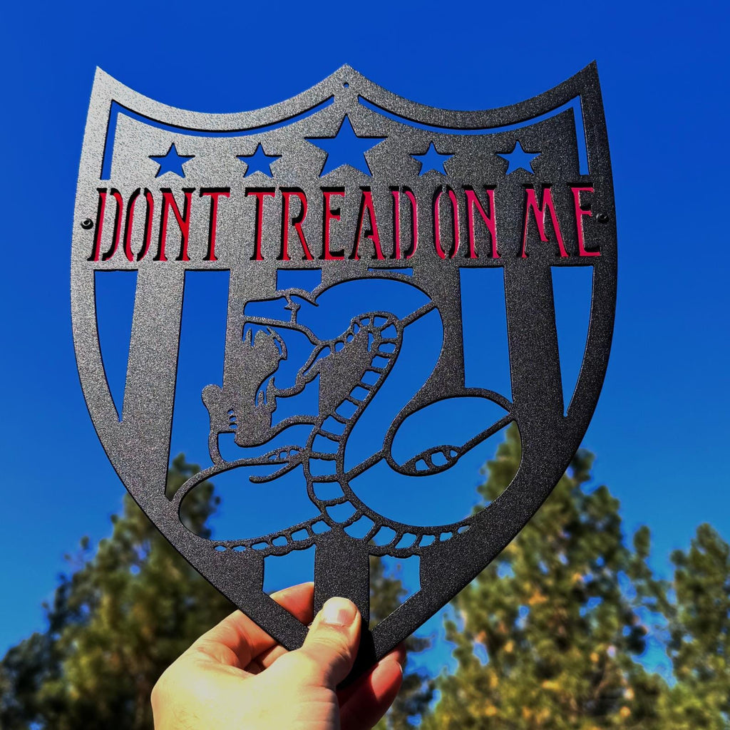 Don’t Tread On Me Metal Sign – Gadsden Flag Wall Art | Patriotic Shield Design for Garage, Shop, or Man Cave | American Steel Wall Decor