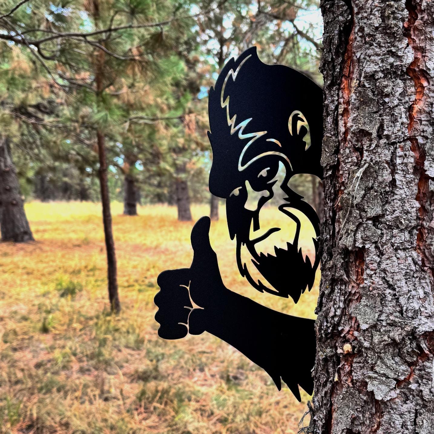 Peek A Boo Thumbs Up Bigfoot Metal Sign – Funny Sasquatch Tree or Post Decoration | Outdoor Yard Art, Powder-Coated Steel Bigfoot Wall Decor