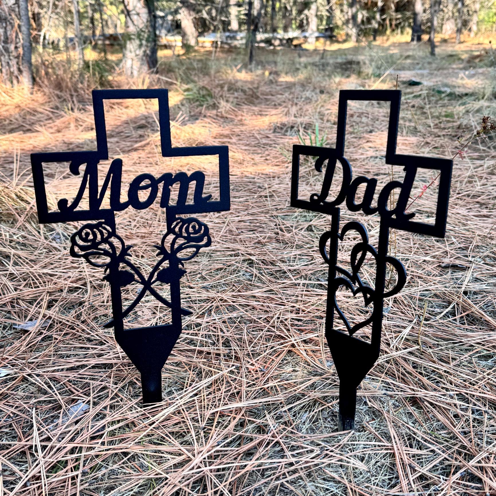 Dad Memorial Cross Metal Stake – Grave Marker or Garden Tribute | Outdoor Cemetery Decoration, Powder-Coated Steel Remembrance Gift