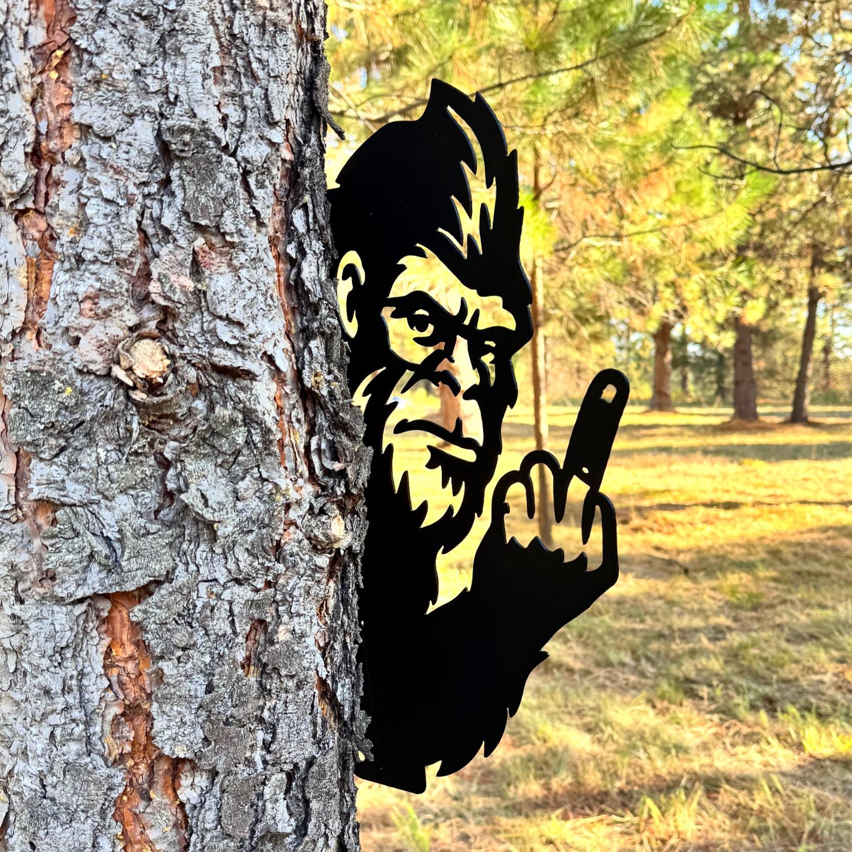 Peeking Bigfoot Metal Silhouette with Middle Finger | Funny Sasquatch Yard Art | Outdoor Cabin and Forest Decor | Bigfoot Bird | Peek a Boo