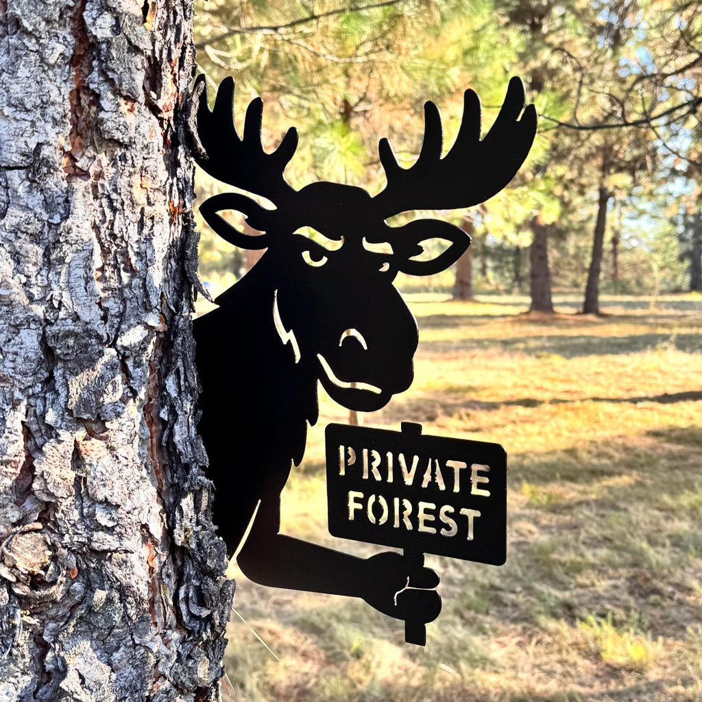 Peeking Moose Metal Silhouette with Private Forest Sign | Funny Cabin Yard Art | Outdoor Wildlife Metal Decor | Funny No Trespassing Sign