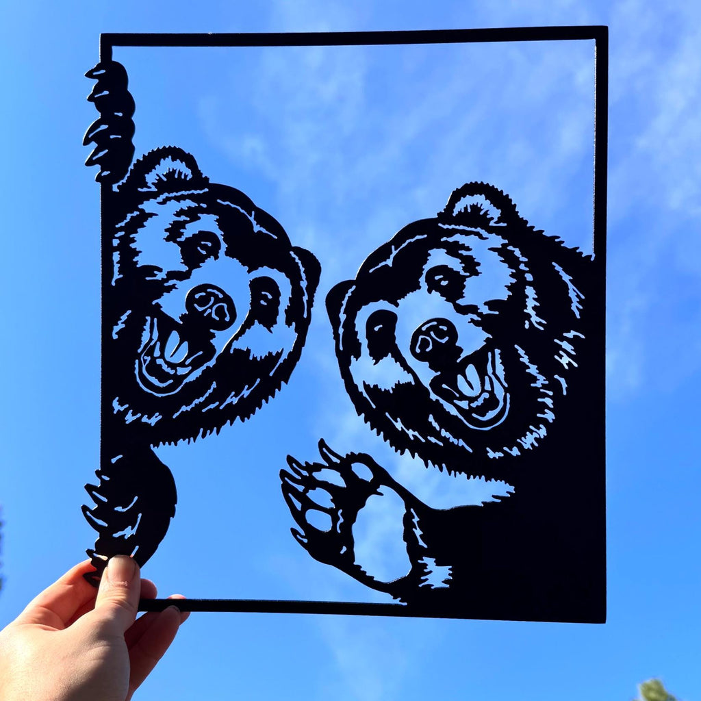 Peeking Bears Metal Wall Art | Double Bear Silhouette Sign | Rustic Cabin and Forest Decor | Outdoor Wildlife Metal Artwork Gift