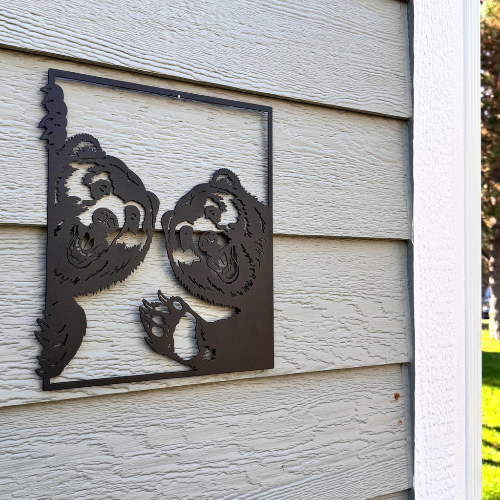 Peeking Bears Metal Wall Art | Double Bear Silhouette Sign | Rustic Cabin and Forest Decor | Outdoor Wildlife Metal Artwork Gift