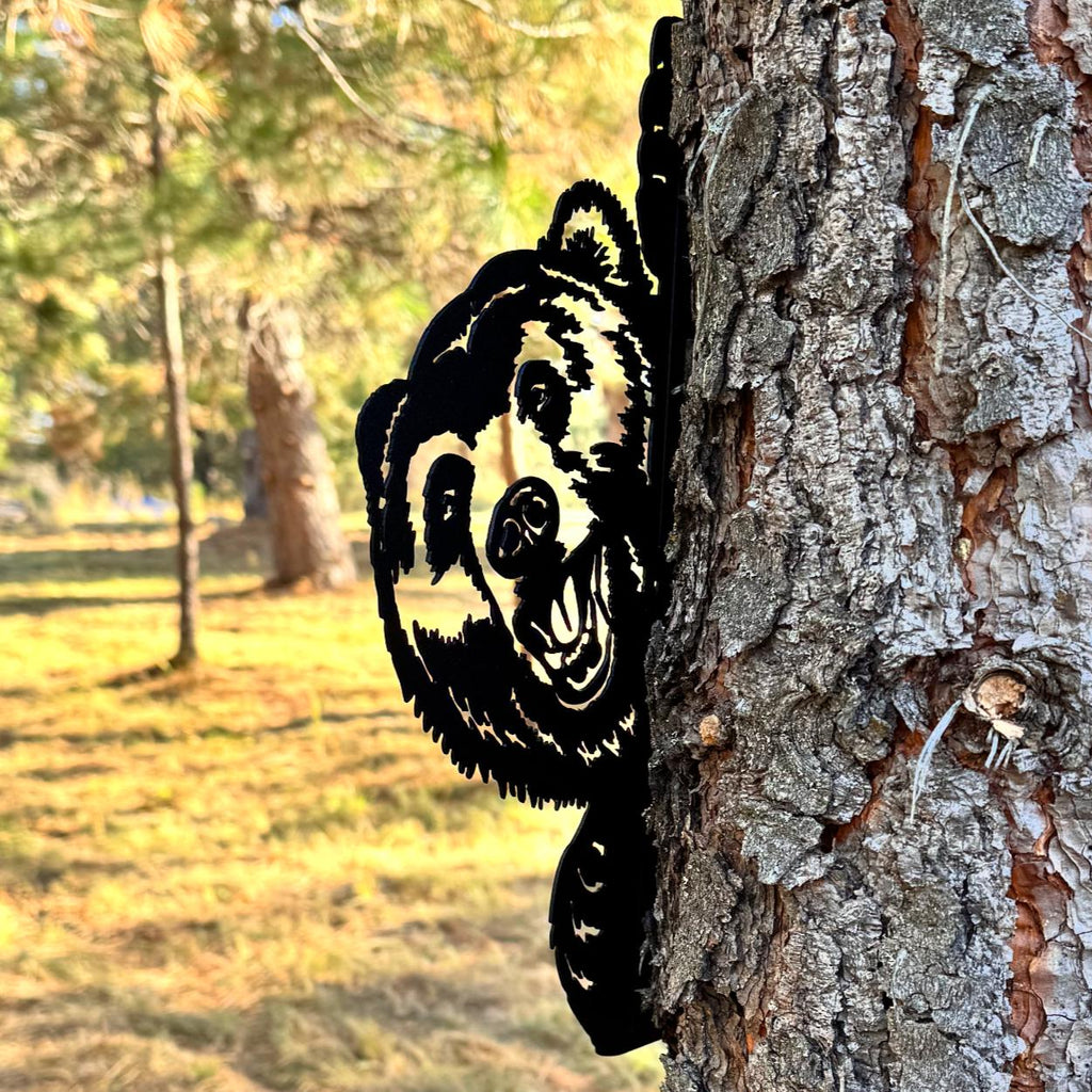 Peeking Bear Metal Silhouette for Tree or Post | Outdoor Wildlife Metal Yard Art | Rustic Cabin and Forest Decor | Peek a Boo Bear