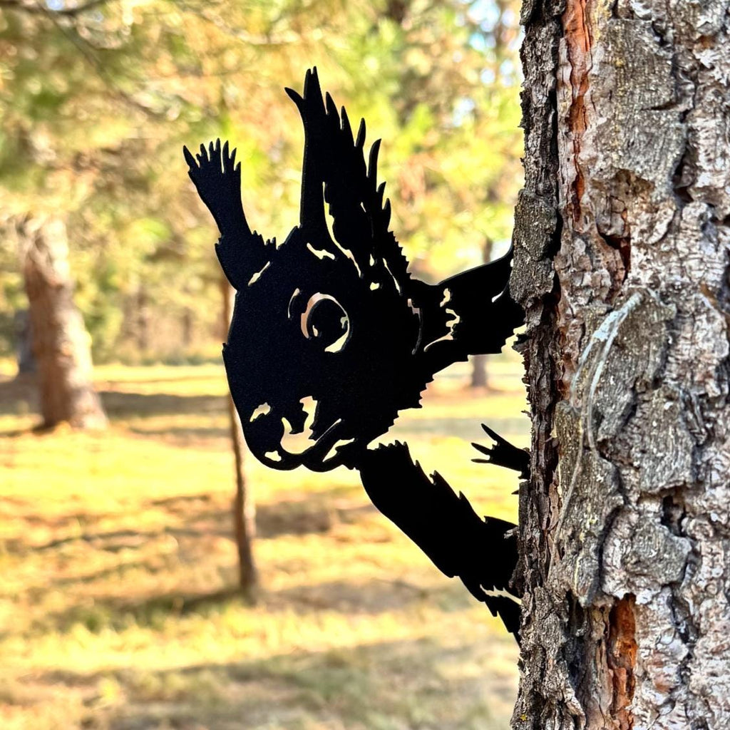 Peeking Squirrel Metal Silhouette for Tree or Post | Outdoor Woodland Metal Yard Art | Rustic Cabin Sign | Peek a Boo Squirrel