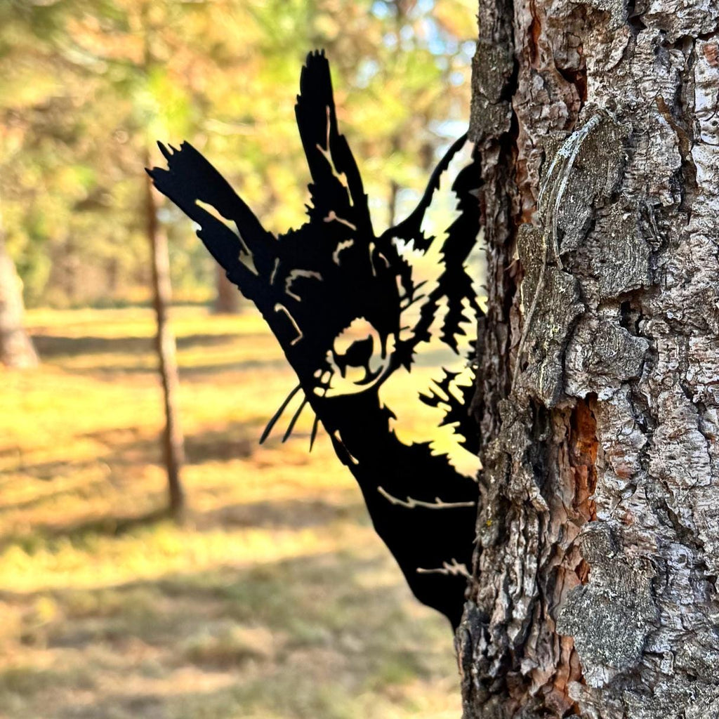 Crazy Squirrel Metal Silhouette for Tree or Post | Funny Peeking Metal Yard Art | Rustic Cabin and Forest Decor | Peek a Boo Squirrel