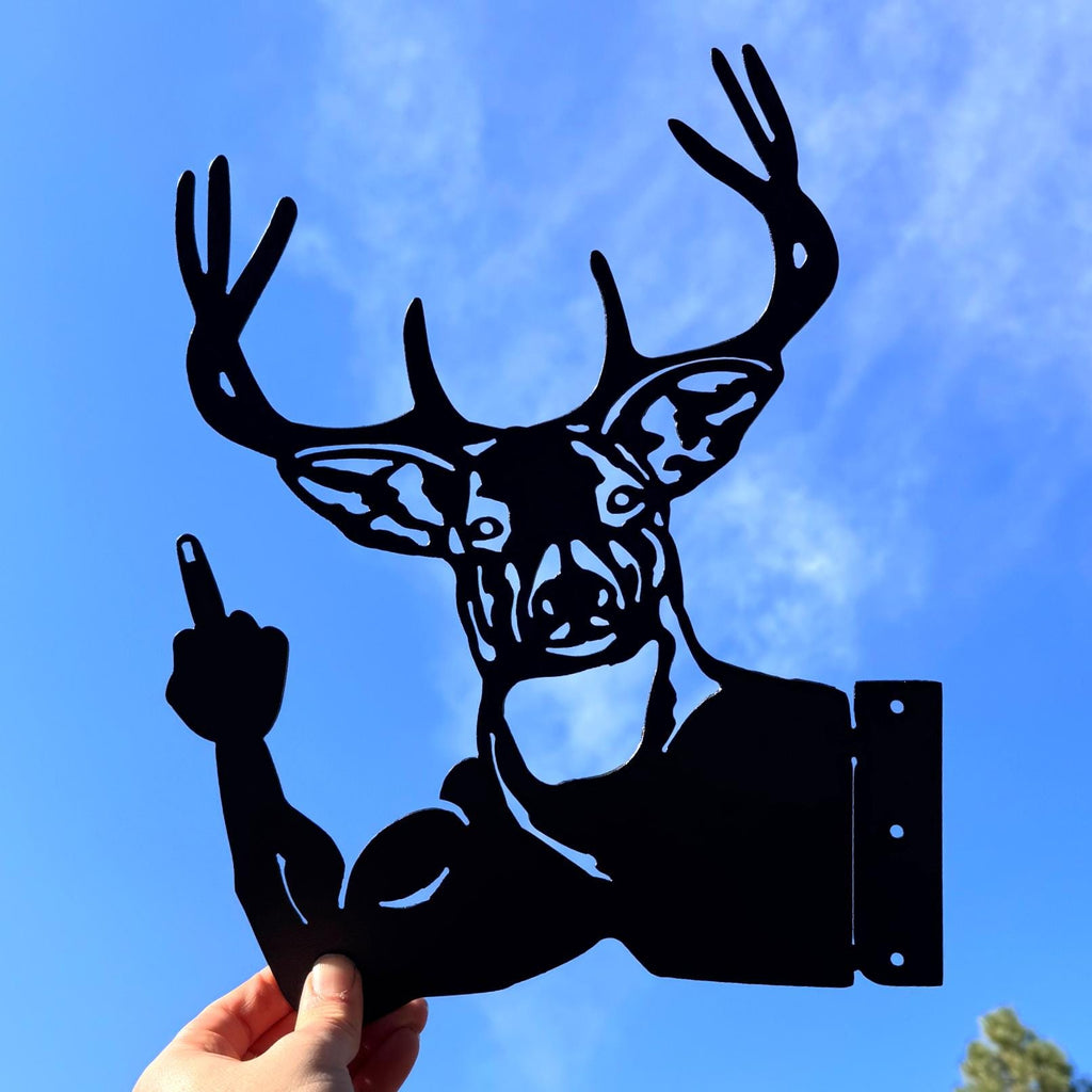 Peeking Deer Metal Silhouette with Middle Finger | Funny Buck Yard Art | Rustic Hunting Cabin and Forest Metal Decor | Deer Giving The Bird